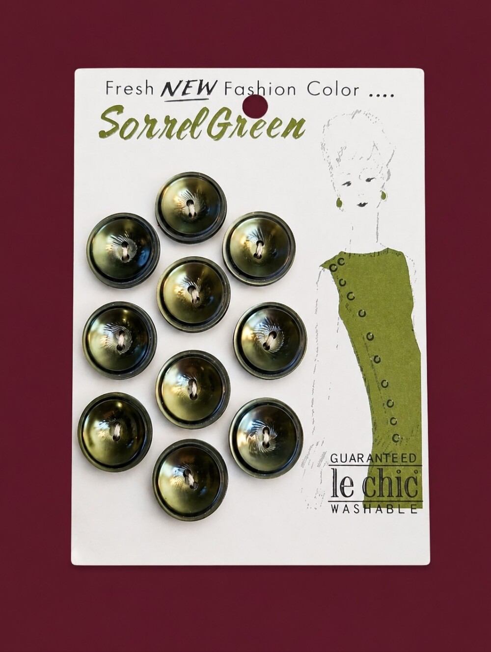 Vtg LE CHIC 1960s Sorrel Green Moonglow Concave Button Set